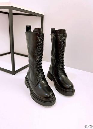 Черные кожаные высокие зимние ботинки сапожки на шнурках шнуровке толстой подошве кожа зима