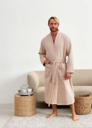 Мужской вафельный  натуральный халат для дома и ванны, мужской халат для бани2 фото