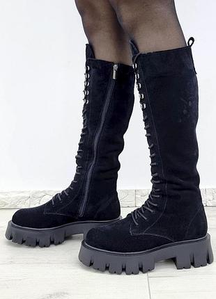 Зимові жіночі замшеві чоботи високі черевики берці на платформі всередині вовна military-37