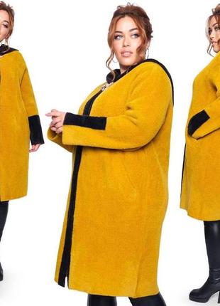 Зимнее женское пальто-пиджак на кнопках из альпаки больших размеров6 фото
