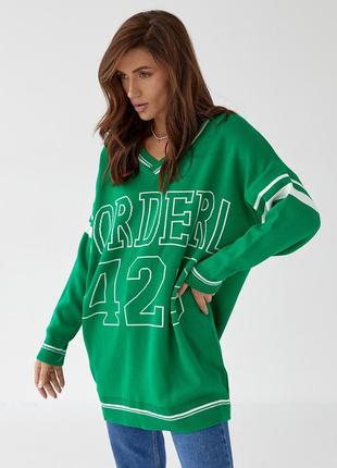 Удлиненный женский пуловер оверсайз с надписью - зеленый цвет, l (есть размеры)