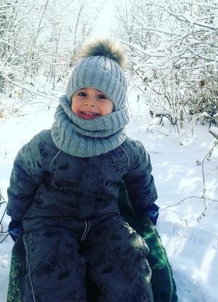 Шапка с натуральным мехом помпоном и хомут на зиму детский комплект8 фото
