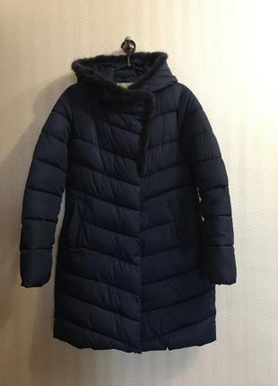 Зимний пуховик синий куртка пальто с мехом из норки s/m 💙