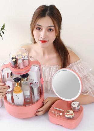 Набор для макияжа 2в1 led зеркало органайзер для косметики розовый w-51 косметичка + зеркало4 фото
