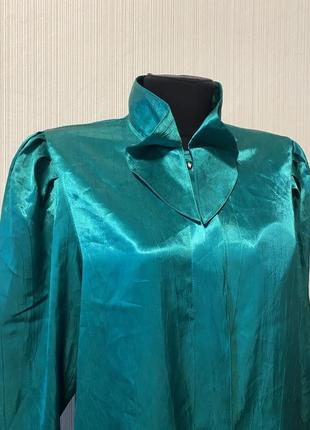 Зелёная изумрудная блуза с объёмными рукавами сатин атлас винтаж3 фото