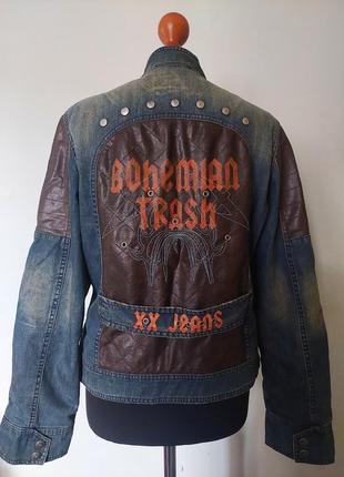 Брендова стильна утеплена джинсова куртка зі шкіряними вставками у стилі гранж.