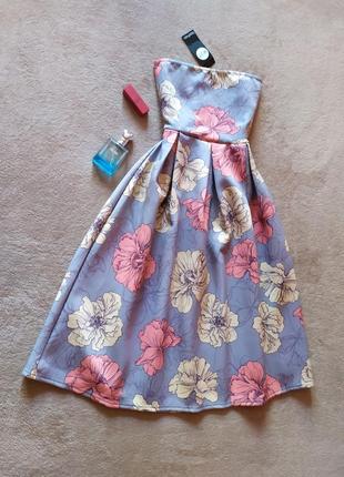 Шикарное плотное нарядное платье бандо с пышной юбкой цветочный принт6 фото