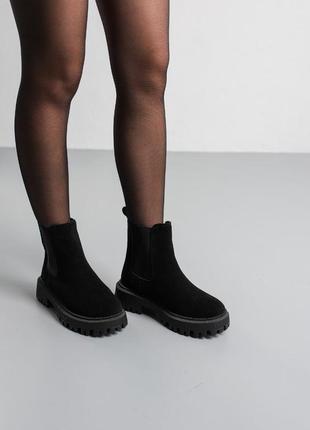 Стильные ботинки челси на резинке,сапоги черные замшевые зимние натуральный замш и эко-мех (зима 2022-2023)8 фото