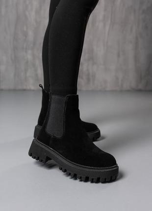 Стильные ботинки челси на резинке,сапоги черные замшевые зимние натуральный замш и эко-мех (зима 2022-2023)