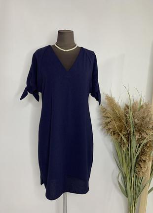 Сукня класична темно синя з коротким рукавом по коліно міді7 фото