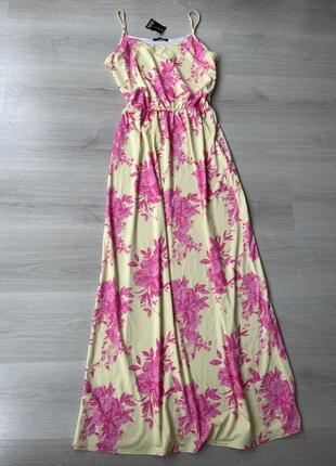 Нежное жёлтое длинное платье сарафан с розовыми цветами