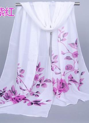 Женский бежевый шарф с розовыми розами - размер шарфа приблизительно 148*47см, шифон