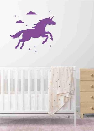 Наклейка на стену (стекло, мебель, зеркало, металл) "единорог среди звезд и облаков (любой цвет)