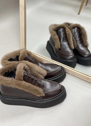 Шоколадные хайтопы ботинки норка опушка кожа зима демисезон1 фото