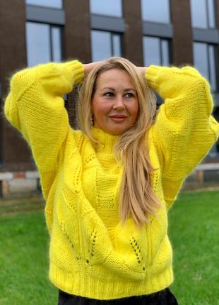 Свитер желтый оверсайз свитера листья листочки пушистый вязаный с листьями