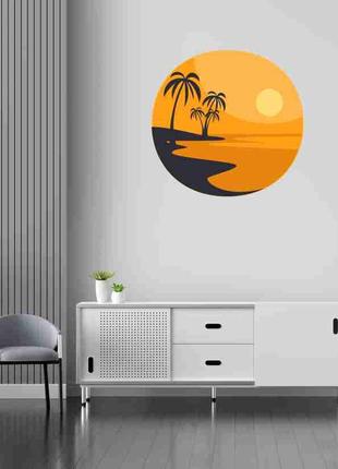 Наклейка цветная на стену (стекло, мебель, зеркало, металл) "берег острова, пальмы на закате"