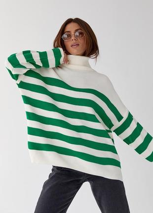 Женский зеленый широкий свитер оверсайз в полоску s