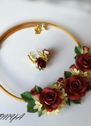 Кольє і сережки бордові троянди, набір сережки та кольє з трояндами