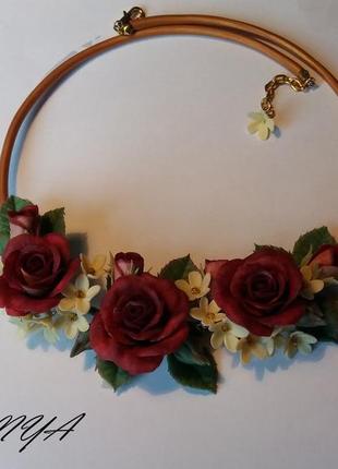 Колье и серьги бордовые розы, набор серьги и колье с розами6 фото