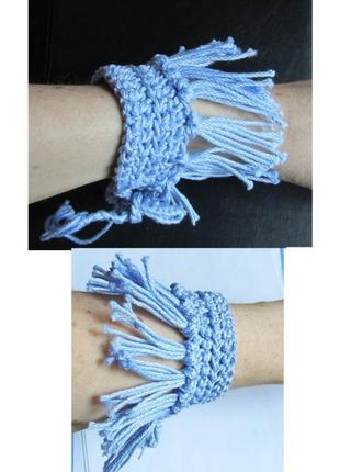 🏵вязаный голубой браслет с кисточками бахромой на завязках, новый! арт.2795