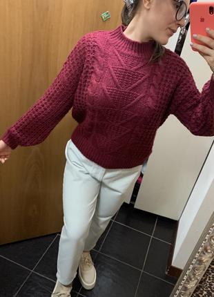 Малиновый свитер,вязаный свитер 3