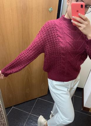 Малиновый свитер,вязаный свитер2 фото