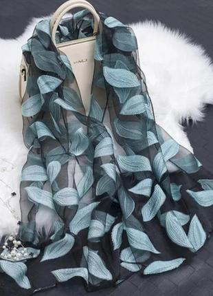 Женский шарф с голубыми листьями - размер 180*68см, полиэстер