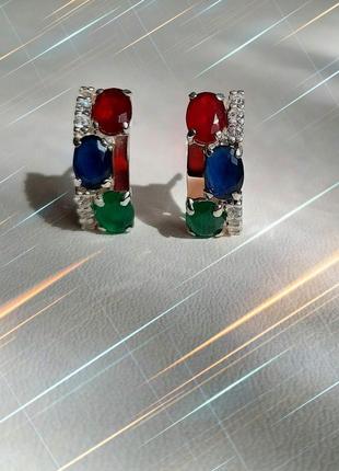 🛍 серьги серебро с золотом фианит красный зелёный синий