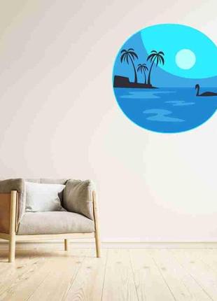 Наклейка цветная на стену (стекло, мебель, зеркало, металл) "ночной берег острова: пальмы, лебедь"