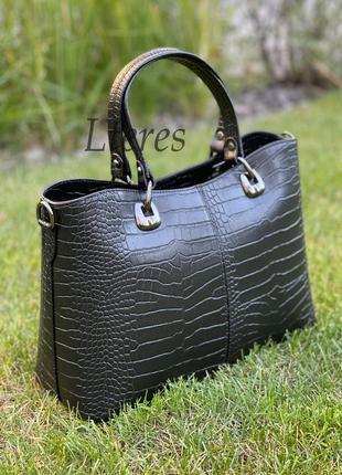 Черная вместительная кожаная сумка-тоут под крокодила, италия3 фото