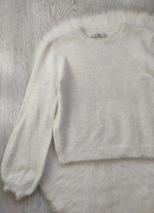 Белый кроп пушистый свитер травка кофта пышными широкими рукавами нарядный colins3 фото