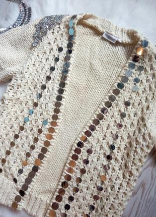 Белый бежевый кардиган с камнями пайетками блестящий вязанная накидка свитер кофта4 фото