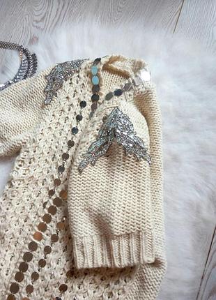 Белый бежевый кардиган с камнями пайетками блестящий вязанная накидка свитер кофта