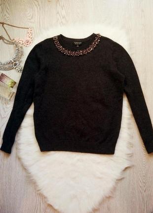 Серый свитер с шерстью ангора стразами камнями на воротнике кофта теплая вязаная черная1 фото