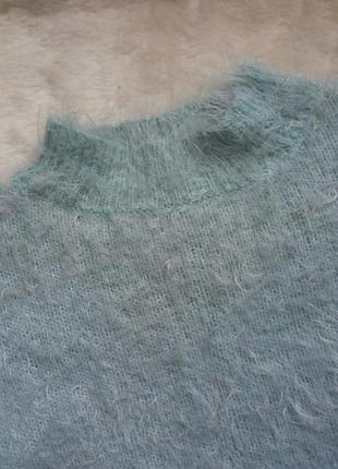 Пушистый голубой мятный бирюзовый короткий свитер кофта травка белая кроп топ теплый гольф9 фото