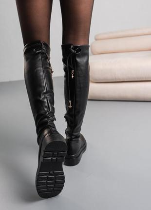 Стильні чоботи,ботфорти жіночі чорні с зав'язками на плоскій подошві,на флісі демісезонні,демі,осінні,весняні,євро-зима (осінь,весна8 фото
