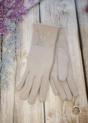 ❤️ рукавички бежеві під бренд зі стразами, фліс осінь, зима  🎉