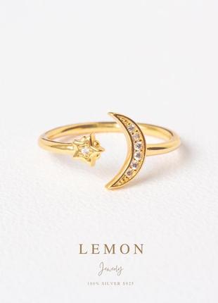 Серебряное s 925 кольцо позолоченное золотом au 585 «луна и звездочка» , золотое кольцо с белыми камнями фианитами.2 фото