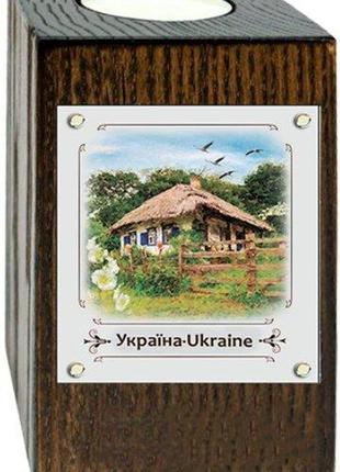 Подсвечник украина "дом с мальвами" металл/дерево 6*10 см   гпукп06к/м1 фото