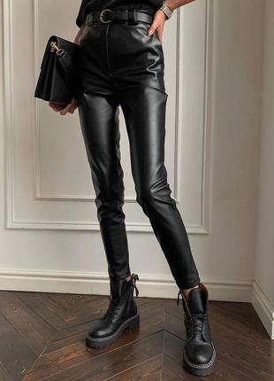 Чёрные тёплый кожаные брюки6 фото