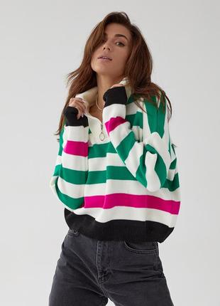 Смугастий светр з високим коміром на блискавці