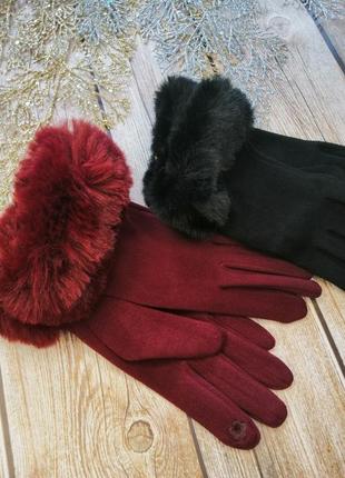 ❤️ рукавички чорні, бордові трикотаж на флісі зі штучним хутром 🎉1 фото