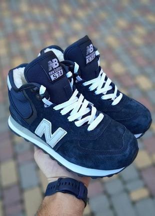 Теплые зимние кроссовки new balance 574  синие замшевые высокие женские зимние кроссовки нью беленс на меху2 фото