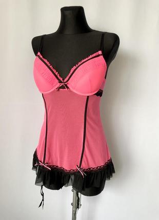 Розовый неоновый пеньюар комбинация бэби-долл с поясом для чулок белье сетка кружево