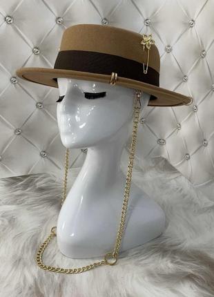 Шикарная шерстяная коричневая шляпа федора с цепочкой и декором тёплая капелюх