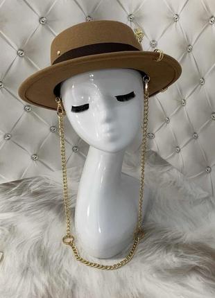 Шикарная шерстяная коричневая шляпа федора с цепочкой и декором тёплая капелюх2 фото