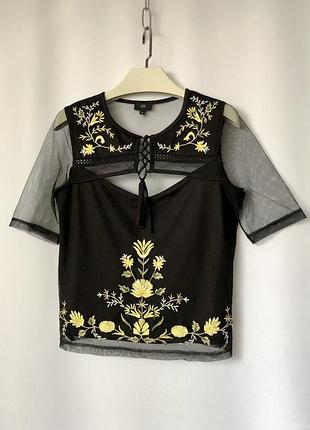 Топ в народном стиле вышивка сеточка черный river island