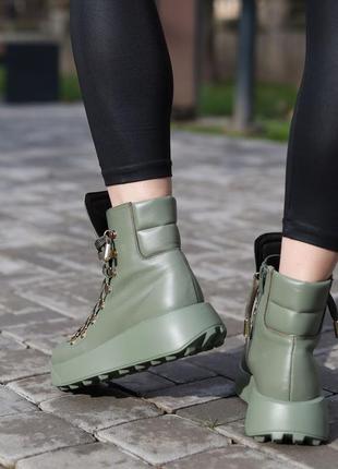 Стильные кроссовки,спортивные ботинки женские кожаные авокадо,хаки,зеленые зимние (зима 2022-2023) на зиму,для женщин,стильные,теплые6 фото