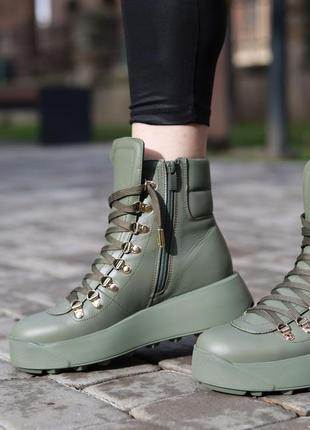 Стильные кроссовки,спортивные ботинки женские кожаные авокадо,хаки,зеленые зимние (зима 2022-2023) на зиму,для женщин,стильные,теплые5 фото