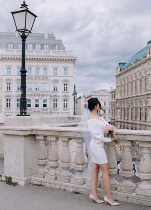 Белое платье нарядное на роспись свадьбу загс венчание нарядное вечернее короткое мини